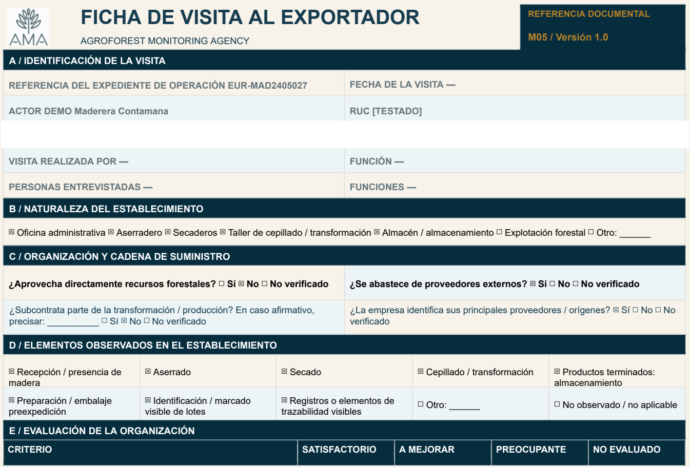 Ejemplo de ficha de visita a un proveedor