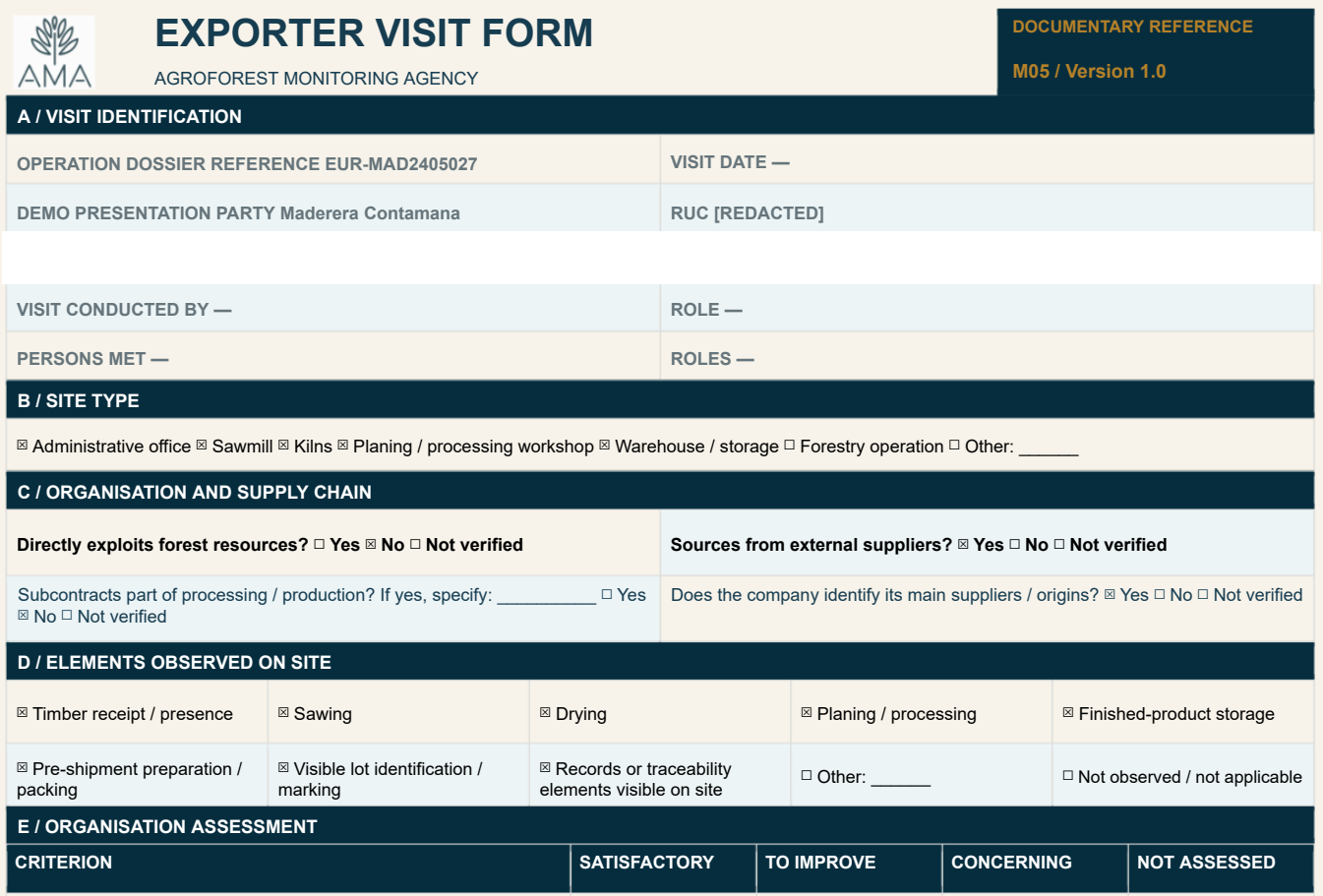 Example supplier visit record