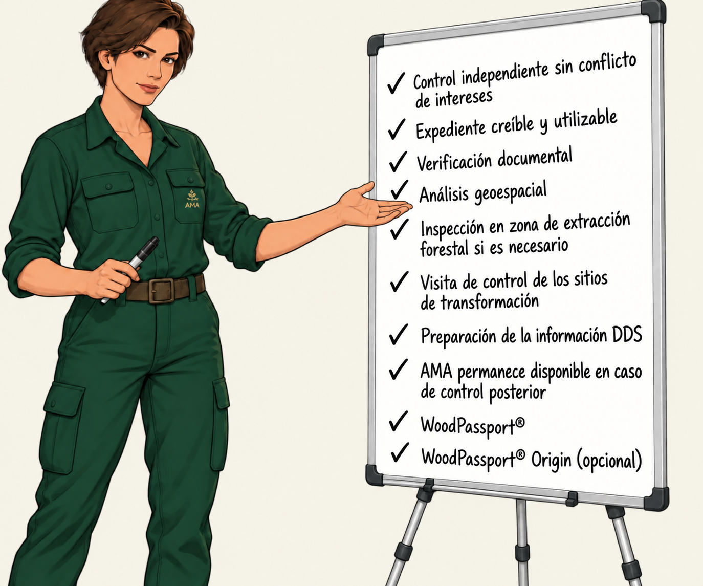 AMA, con vestimenta de campo verde, sostiene un marcador negro y presenta el tablero con la mano abierta. Tablero AMA canónico: verificación independiente sin conflictos de interés; expediente creíble y utilizable; verificación documental; análisis geoespacial; inspección en la zona de aprovechamiento forestal si es necesario; visitas de control a los centros de transformación; preparación de la información DDS; AMA sigue disponible en caso de control posterior; WoodPassport®; WoodPassport® Origin (opcional).