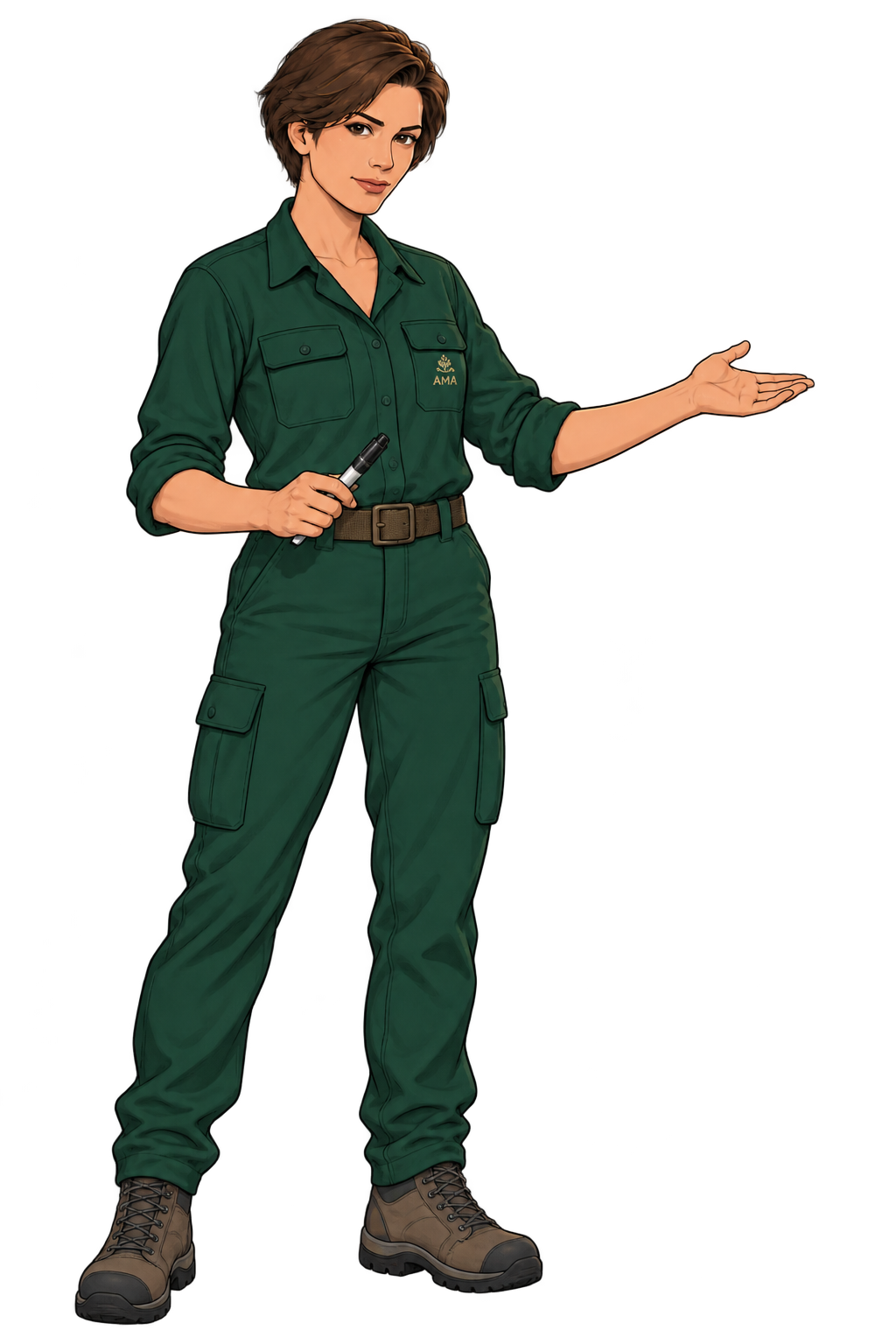 AMA en tenue de terrain verte tient un marqueur noir et présente le tableau de sa main ouverte.